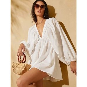 White Boho Mini Dress Frill Batwing Bishop Sleeve Deep V Neck Flared